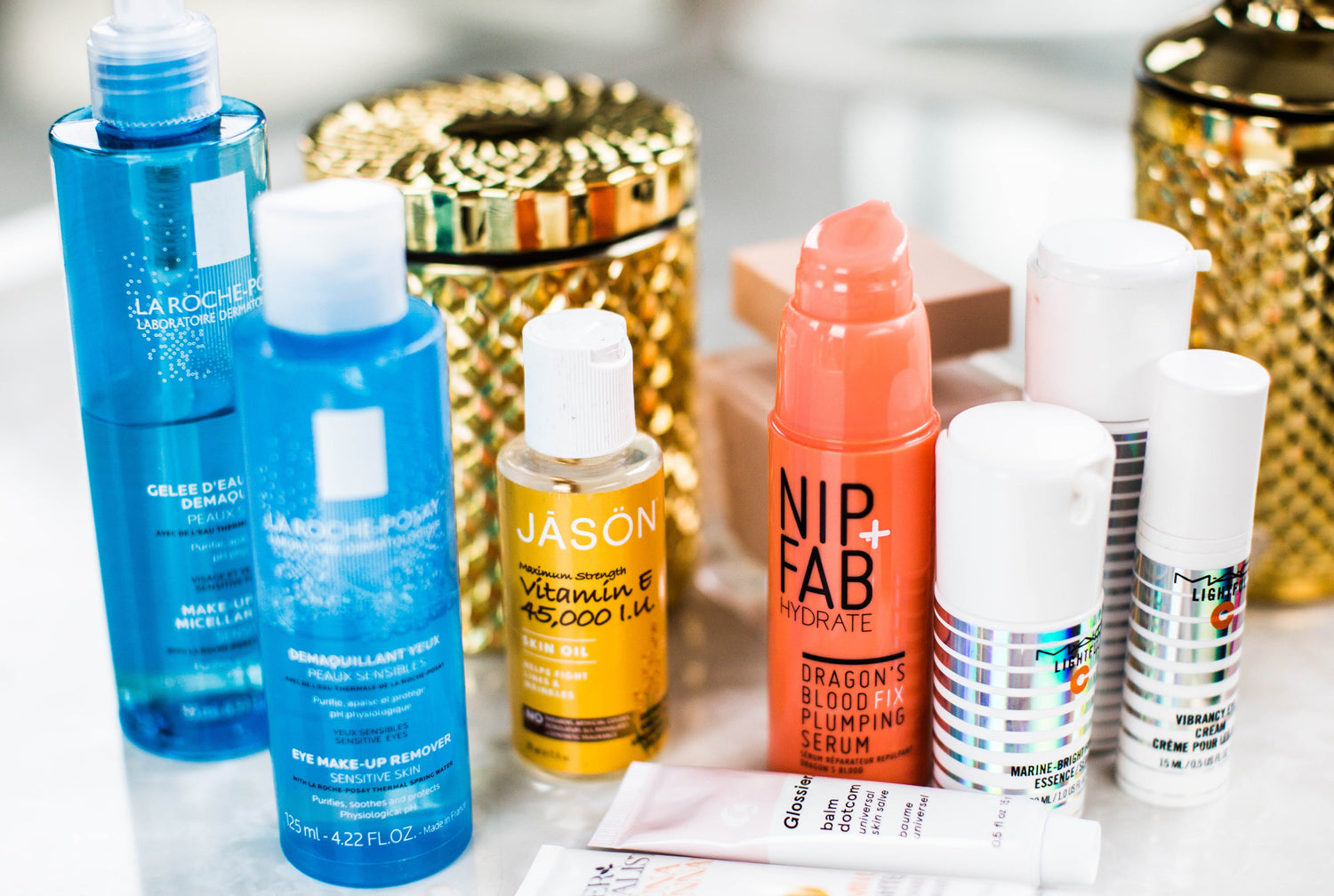 traveling with liquids products on bathroom counter